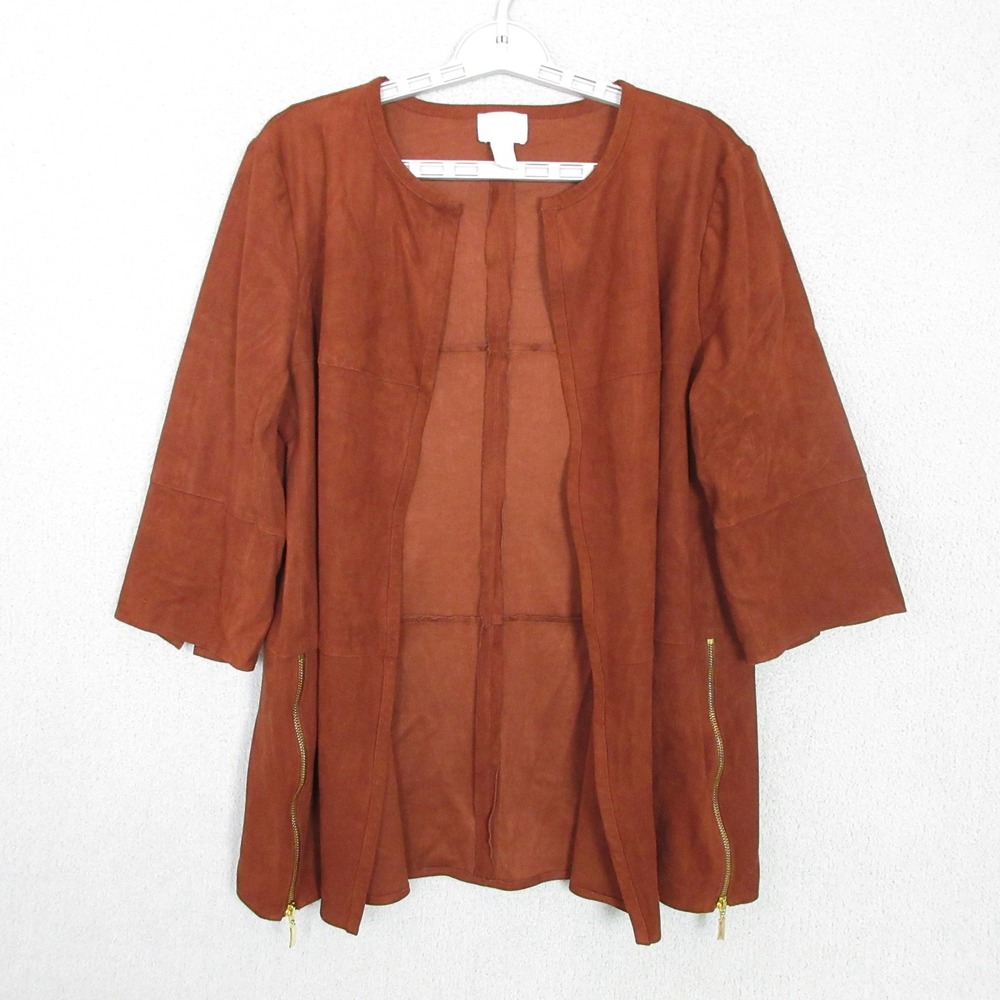Chico's Faux Suede Jacket Womens 2 L Rust Brown Excellent Open Front 3/4 Sleeve